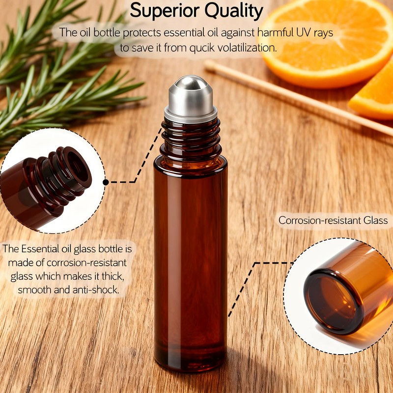 PrettyCare 4 Pack 10 ml Amber Glass Roller Bottles for