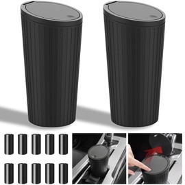 TZEKING Pack of 2 Car Bin with Lid, Small Car Rubbish Bin with 5 Rolls of Bin Liners, Portable Mini Rubbish Bin, Car Drink Holder, Rubbish Bin, Waterproof and Odour-Proof for Cars, Home, Office