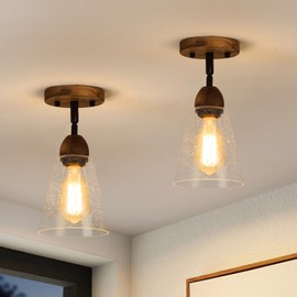 2 Pack Rustic Farmhouse Glass Flush Mount Ceiling Light Fixture Mini Clear Seeded Glass Shade and Oak Wood Semi Flush Mount Ceiling Light for Kitchen Hallway Entryway Sink Farmhouse