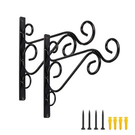 Spotact 2 Pcs Outdoor Hanging Plants Hangers 11.81 * 7.48 * 0.79 in Wall Mounted Black Iron Bracket Hooks Heavy Duty Fence Porch Yard Decor for Flowers Lanterns Wind Chimes Feeders (2, 30cm)