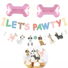 Dog Theme Birthday Party Supplies Decoration, Dog Birthday Party Banner, Dog Balloons,24PCS Pet Dog Cupcake Toppers (Pawty Set)