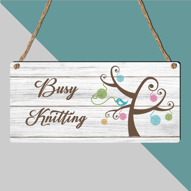 "Busy Knitting" Sign - Whimsical Craft Room Decor for Knitting