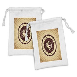 Ambesonne Zodiac Moon Fabric Pouch Set of 2, Horoscope Wheel on Manuscript, Small Drawstring Bag for Toiletries Masks and Favors, 9" x 6", Beige Seal Brown
