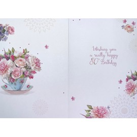 Age 80 80th Birthday Card - Pink Flowers in Teacup with Glitter 7.75" x 5.25"