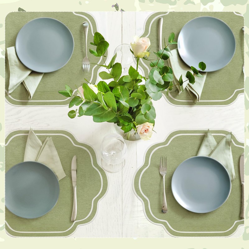 Breling 6 Pcs Sage Green Wedding Placemats Scalloped Embroidered Cotton