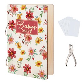SUPERDANT Baby's Daily Greeting Card Organizer Planning Book Binder Card Keeper Flower Card Holder Wooden Loose Leaf Photo Album 2-Rings Cover Keepsake for Baby Shower with Punch & 20pcs Inner Pockets