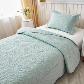 MarCielo 2-Piece 100% Cotton Twin Quilt Set Embroidered Quilted Bedding Bedspread Set(Aruba Blue-Mint Green, Twin)