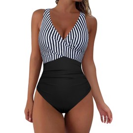Mycoco Black&White Stripes Underwire Swimsuit for Women V Neck Bathing Suits with Adjustable Wide Straps Ruched Tummy Control One Piece Swimsuit US 6