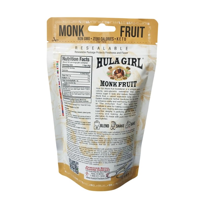 Hula Girl Organic Monk Fruit Extract Sweetener with Erythritol, Net