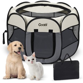 Goozii Pet Cat Playpen for Indoor Cats Enclosed, Puppy Dog Play Pen for Outdoor Travel Camping (Small Size, Beige & Dark Grey)