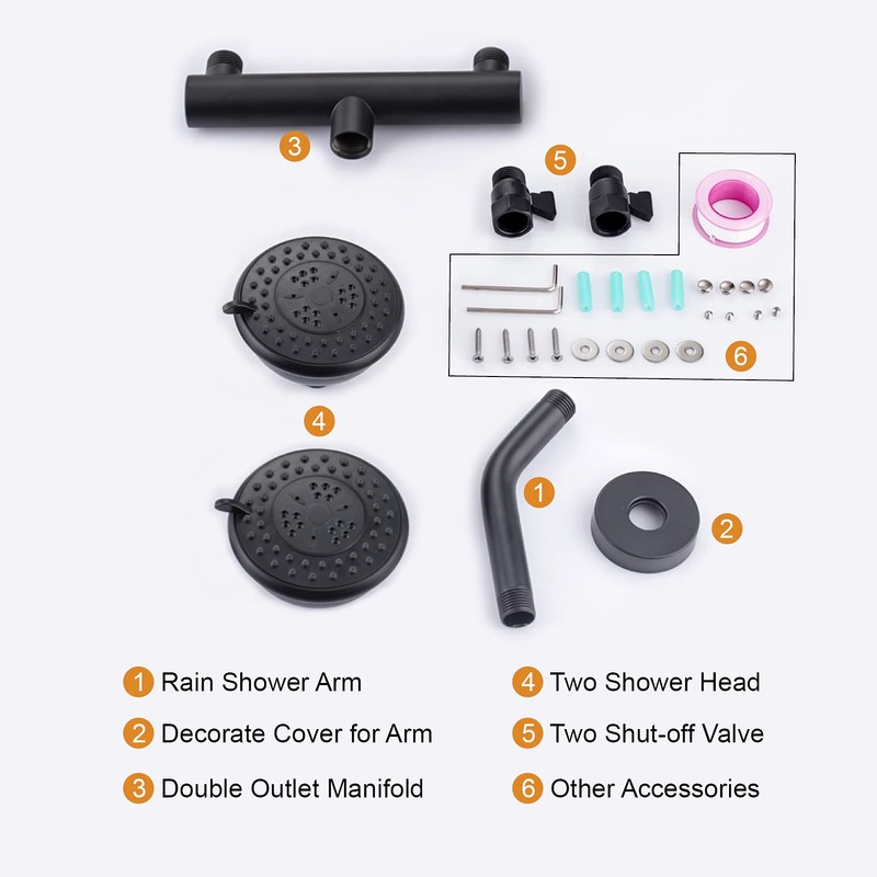 High Pressure Double Shower Head with Shut-Off Valve and Shower