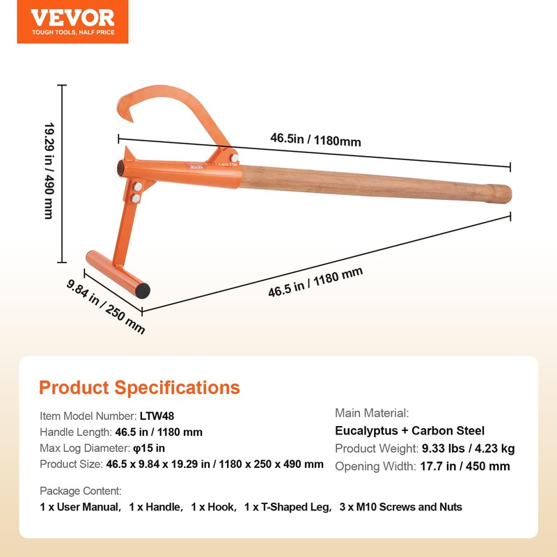 VEVOR 46.5" Timberjack Log Lifter, Adjustable Heavy Duty Log Roller