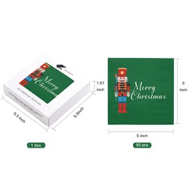 WRAPAHOLIC 50Pcs Christmas Paper Napkins - 3 Ply Green Nutcracker Disposable Cocktail Napkin for Christmas Party Supplies Tableware, Xmas Holiday - 5 x 5 In