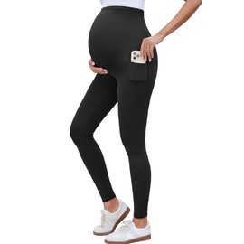 OUGES Womens 2025 Summer Black Maternity Leggings with Pockets Over The Belly Soft Yoga Pants Activewear Pregnancy Must Have Casual Summer Maternity Clothes (Black, XXL)