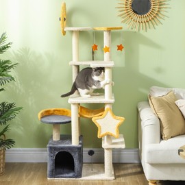 PawHut Cat Tower, 63 Inch Cat Tree for Large Adult Indoor Cats with Cat Scratching Post, Cat Hammock, Condo, Bed, Scratching Board & Cat Toys, Moon and Star Themed Cat Tree Tower, Beige