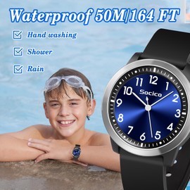SOCICO Kids Watch Analogue, 5ATM/50M Waterproof Wrist Watch Children Girls Boys Teenagers Easy Read Kids Quartz Minimalist Watches for 8-18 Years (BlackBlue)