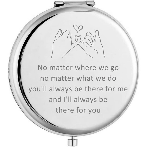 Kukeyiee No Matter Where We Go Sliver Cosmetic Makeup Mirror, Handheld Small Portable Pocket Folding Mirror for Best Friend, Sister, Women, Birthday Graduation Christmas Friendship Gifts…
