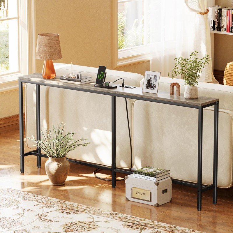 SUPERJARE 70 Inch Console Table with Outlet, Narrow Entryway Table
