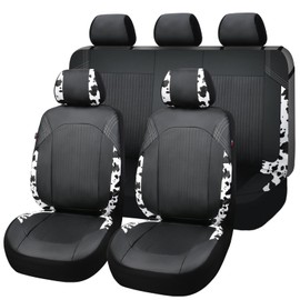 Flying Banner Synthetic Leather car seat Covers Full Set Front and Rear Bench Fashion Easy Installation Cup Holder Free (Black & Cow Print, Low Bucket - Full Set)