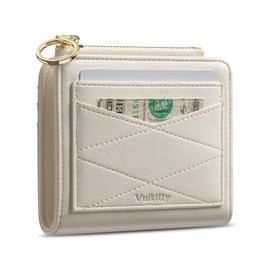 Vulkitty Leather Wallet for Woman RFID Blocking Bifold Small Compact Wallets Zipper Pocket Purse Large Capacity Card Hold Case with ID Window, Beige, Compact