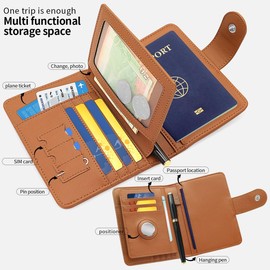 XIMAND Passport Holder Wallet Bag with AirTag Holder, Card Slots and Passport Solt Ticket Cash Solt, Photo Solt Sim Card Pen Slot.Brown