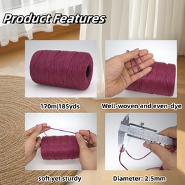 Tsuisho 2.5mm x 185 Yards Premium Polyester Macrame Cord 2.5mm Polypropylene Cord for Knitting and Crocheting Hats, Bags, Purses, Shoes, Carpets, Basket, Plant Hangers, DIY Crafts -Khaki