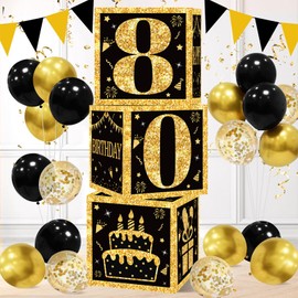 80th Birthday Decorations Boxes for Men- 3PCS Black Gold Happy 80th Birthday Balloons Boxes , 80 Year Old Party Supplies for Men Women