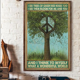 Vintage Metal Tin Sign Peace Tree and I Think to Myself What A Wonderful World Hippie Peace Poster Tin Sign Poster Vintage Metal Signs for Bar Music Club Man Cave Room Wall Decor 12x16 Inch