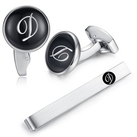 (D) - HONEY BEAR Initial Alphabet Letter Cufflinks Tie Clip Set for Mens - Black Round Stainless Steel, for Business Wedding Gift A - Z