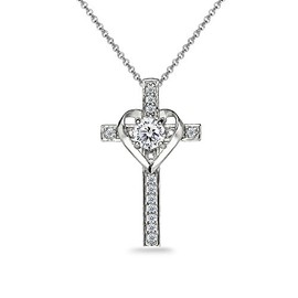 GemStar USA Sterling Silver Cross Heart Necklace Made with AAA Cubic Zirconia