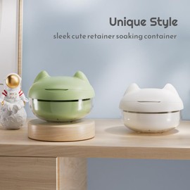 Cute Retainer Holder with Removal Tool and Mirror, Compact Bath Cup with Strainer Tray for Partial Denture, Leakproof Soaking Case for Aligners, Mouth Guards, Night Guards, Veneers (White, Eared)