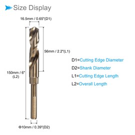 CoCud Reduced Shank Rotary Drill Bit 16.5 mm Cutting Edge Titanium and Nitride Coated High Performance Steel 6542 (Use: for Stainless Steel Drill)