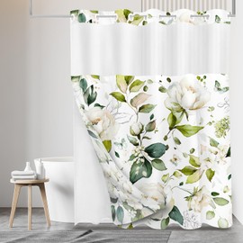Tititex No Hooks Snap in Liner Blooming Bright White Floral Green Leaves Shower Curtain, Hotel Luxury Double Layers Waterproof Fabric & See-Through Top Window Bathroom Decorative 72x72 Inch