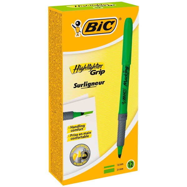 BIC Highlighter Grip Pens - Green, Box of 12