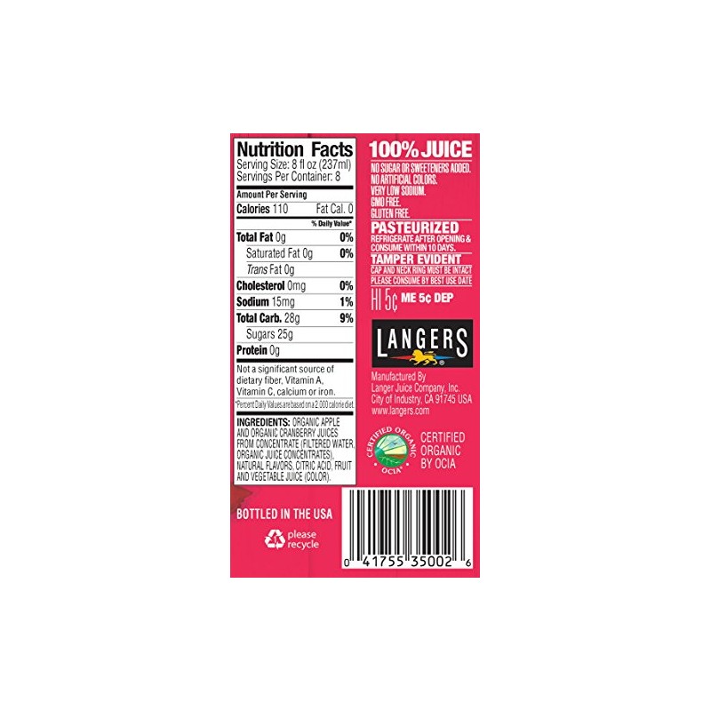 Langers 100% Organic Juice, Cranberry, 64 Fluid Ounce