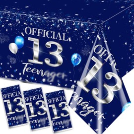 GREHUMOR 3pcs 13th Birthday Tablecloth Silver Blue Happy Birthday Decorations for Boy 13 Years Old Birthday Party Supplies Disposable Plastic Waterproof Table Cover Birthday Table Decorations