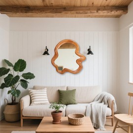 Gluck Plants Irregular Wall Mirror,Walnut Wooden Framed Asymmetrical Farmhouse Modern Unique Cloud Wavy Wood Mirror for Bathroom Living Room Bedroom Entryway Hallway,21x20