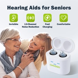 CHOSGO OTC Rechargeable Hearing Aids for Seniors, 12-Channel Digital Hearing Amplifiers with Noise Cancellation, Invisible CIC Design with Anti-Misoperation Volume Control, Black