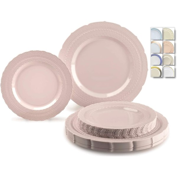 " OCCASIONS" 50 Plates Pack (25 Guests)-Extra Heavyweight Vintage Wedding Disposable/Reusable Plastic Plates -25 x 11'' Dinner + 25 x 8.25'' Salad/dessert (Chateau Blush Pink)
