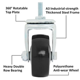 Finnhomy Swivel Caster Wheels 3 Inch Threaded Stem Casters Set of 4 Heavy Duty 3/8"-16 x 1 Anti-wear Polyurethane Industrial Castor Wheels for Cart/Furniture Load Bearing 2200 Lb Smooth Casters Black