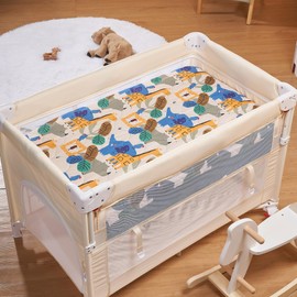 TILLYOU Pack and Play Sheet - Soft Quilted Crib Cover Pad, Toddlers Mattress Protector with 1''-3'' Deep Pocket, Thick Play Yard Playpen Sheets, Crib Mattress Pad 39"x27", Animal Geometry