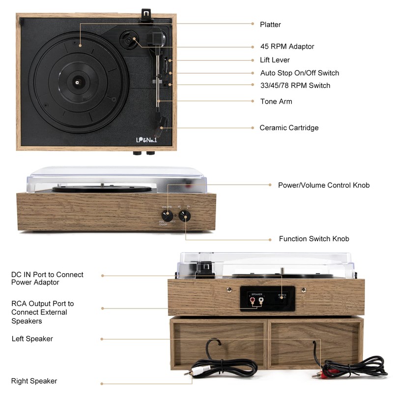 LP&No.1 Wireless Turntable with Stereo Speakers, 3-Speed Vintage Belt-Drive with