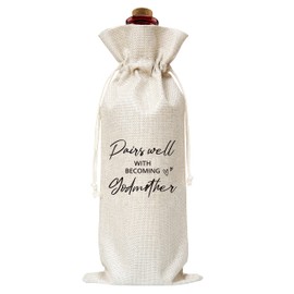 Godmother Wine Gift Bag, Cotton Burlap Wine Bags, Pairs Well With Becoming Godmother, Baptism/Godparents Proposal/Communion Christening Gifts - 08