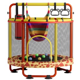 ZCMHAXJ 55" Trampoline for Kids with Enclosure, 440lbs Capacity Indoor & Outdoor Toddler Trampoline with Adjustable Gymnastics Bar & Toys, Gifts for Boys & Girls