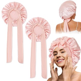 2 Stück Seidenhaube Satin Haarhaube, Verstellbares Nacht Schlafhaube Schlafen, Atmungsaktive Schlafhaube Seide, Elastisch Bonnet Sleep Cap für Damen und Mädchen Die Nacht Haare Schützen (Hellrosa)