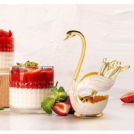 Juego de 6 Cucharas de Postre con Soporte de Cisne, Cucharillas de Café de Metal, Cubiertos para Helado, Azúcar y Té, Acabado Elegante en Oro o Plata