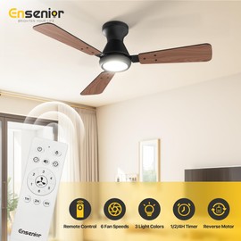 Ensenior Ceiling Fans with Lights, 42 inch Low Profile Ceiling Fan with Light and Remote, Flush Mount, 3CCT, Reversible Motor, Noiseless, Modern Ceiling Fan for Bedroom and Living Room - Black