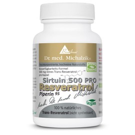 Resveratrol Sirtuin 500 PRO Dr. med. Michalzik - Trans-Resveratrol jap.-Staudenknöterich-Wurzel Extrakt - mgReinheitsgrad 98% Piperin 5 mg - ohne Zusatzstoffe - von BIOTIKON®