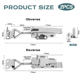 EXLECO Set of 2 Stainless Steel Tension Clasps, Max. 50 x 174 mm, Load Capacity, 3KN Toggle Lever Tensioner, Adjustable 60 mm, Quick Release, Snap Lock, Box Closure, Lever Lock for Crates, Cupboards