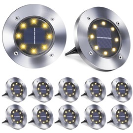 Toodour 12 Pack Solar Ground Lights Outdoor, 8 LED Waterproof Solar Powered in-Ground Disk Lights for Garden Patio Yard Lawn Driveway Pathway, Warm White